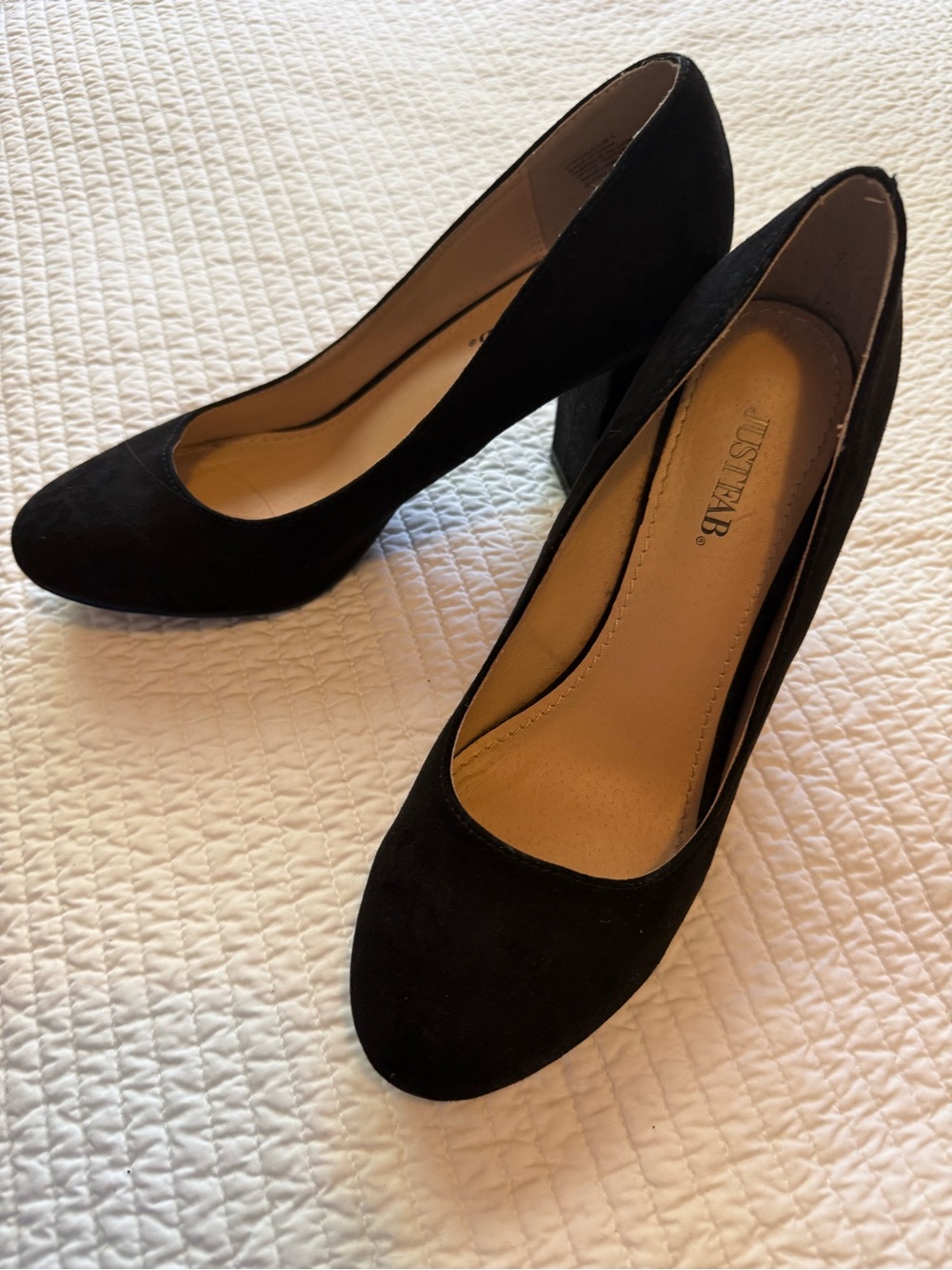 JustFab Black Suede Round-Toe Stacked Heels